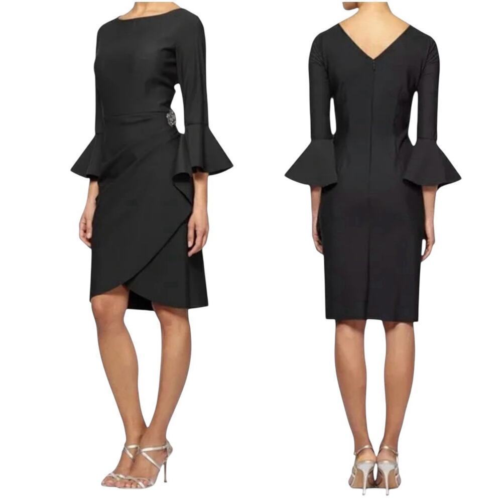 Alex Evenings Black Bell-Sleeve Draped Compression Sheath Dress Size 6